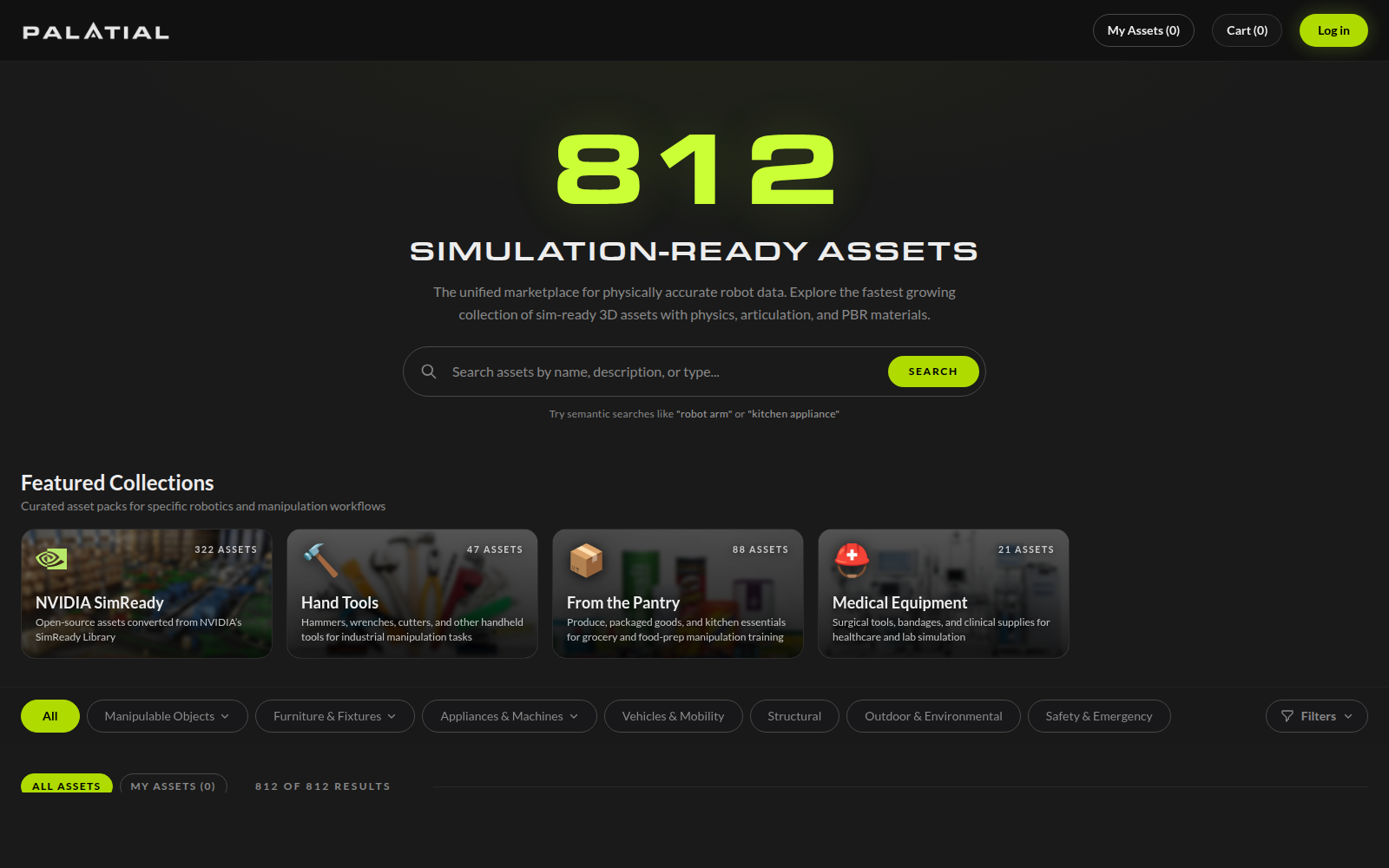 Palatial Library interface showing 812 simulation-ready assets